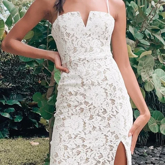 Lulu's Amazing Allure White Crochet Lace Bodycon Midi Dress